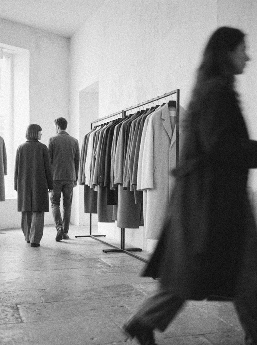 服の掛かったラックのそばを歩く人たち（白黒）